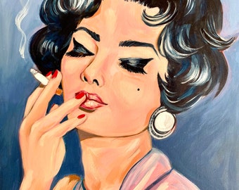 Original portrait painting of a vintage woman. Acrylic painting. Glamour vintage Hollywood.