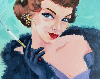 Painting of a glamorous vintage woman. Original painting, old Hollywood, glamour. Acrylic painting on cradled wood.