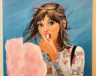 Original Shelley Duvall inspired Portrait Painting, 1970s Pop Art, Cotton Candy Summer Wall Art, 20x20 Canvas