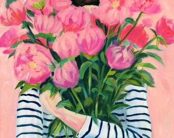 Peonies party print. A girl holding beautiful pink Peonies flowers in her arms.