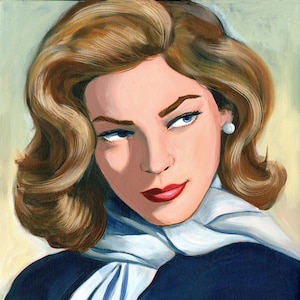May include: A painting of a woman with brown hair styled in a 1950s updo. She is wearing a white scarf and a dark blue top. Her eyes are looking to the side and she has a subtle smile.