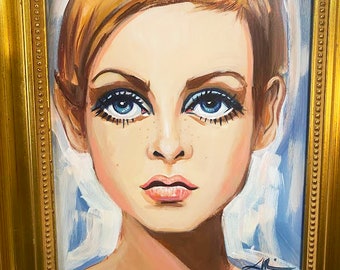 Twiggy, a beautiful original portrait painting of the style icon of the 60's and 70s in a vintage style gold wood frame. 11x14"