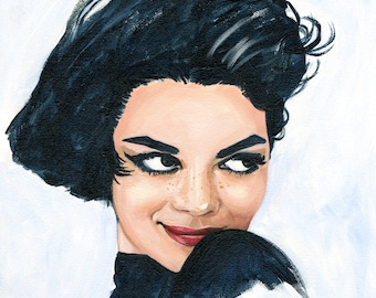 May include: An oil painting portrait of a person with short, dark, voluminous hair, dark winged eyeliner, and red lips. The subject has light skin with visible freckles across the nose and cheeks, looking toward the side with a subtle smile.
