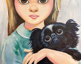 Big eyed girl and her Pekingese dog. Original, portrait painting, acrylic on cradled wood. 8x10"