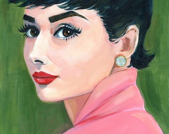 Original Audrey Hepburn Portrait Painting, Vintage Hollywood Wall Art, Acrylic on Cradled Wood, 8x10