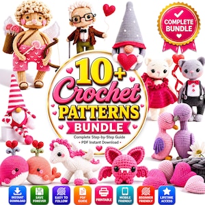 May include: A digital bundle of 10 crochet patterns featuring amigurumi figures including an angel, a gnome, a cat, a bat, a unicorn, and whales. The central text reads 10+ Crochet Patterns Bundle, Complete Step-by-Step Guide, PDF Instant Download.