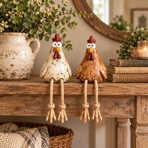 May include: Two decorative chicken figurines with dangling rope legs. One chicken is cream-colored with dark speckles, and the other is brown with a mottled finish. Both have red combs, yellow beaks, and large white eyes with black pupils.