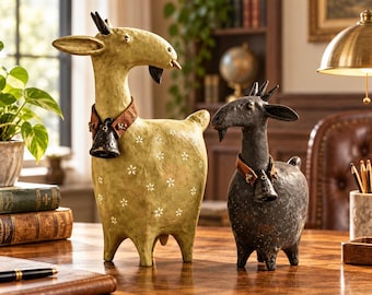 Whimsical Folk Art Resin Goat Figurine, Bell Collar, Sage Green or Charcoal (2 Styles)