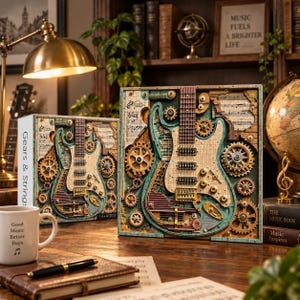 Puede incluir: Una pieza de arte mural cuadrada que presenta un diseño de guitarra eléctrica tridimensional en capas, rodeado de engranajes mecánicos y notación musical. La obra muestra un acabado desgastado en tono madera y azul verdoso, con el texto Gears & Strings.
