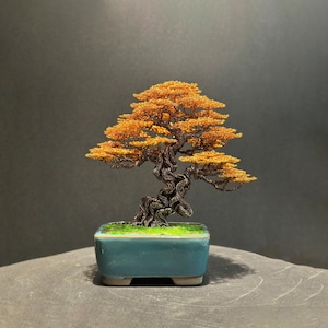 Autumn Wire Bonsai Tree – Handmade Amber Fall Decor Sculpture, Ceramic Pot Shelf Gift