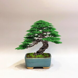 Ancient Pine Wire Bonsai Tree – Handmade Green Sculpture, Celadon Ceramic Pot Zen Decor