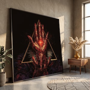 光る手のキャンバスアート、神秘的な三角形のデザイン、抽象的な暗い壁アート、スピリチュアルなシンボルのキャンバス、ホームデコレーションキャンバス