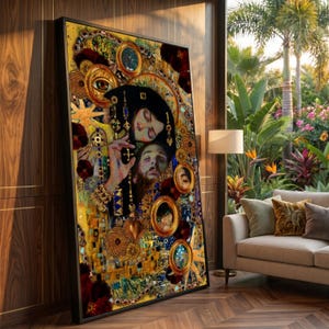 May include: A large rectangular wall art print featuring a complex, ornate composition with gold, deep red, and blue tones. The artwork displays stylized human faces, circular decorative frames, and intricate patterns reminiscent of Gustav Klimt's style.