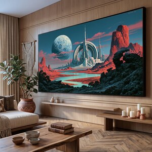 Peut inclure: Une grande impression d'art murale rectangulaire représentant un paysage surréaliste avec une ville futuriste, une grande lune, des formations rocheuses rouges et une rivière bleue sinueuse. L'œuvre est encadrée en noir sur un mur en bois clair.