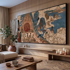 May include: A large rectangular wall art piece featuring a detailed mural with a cracked texture. The artwork depicts a coastal landscape with blue water, rocky cliffs, and a group of figures carrying vessels near a large, arched structure.