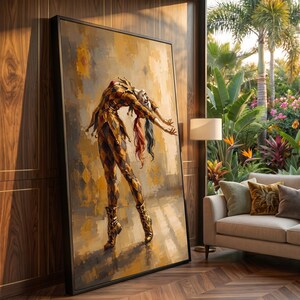May include: A framed vertical wall art print featuring a jester in a yellow and black diamond-patterned costume, arching backward with arms extended. The figure wears a mask and has long, flowing red and black hair, set against a textured, abstract golden-brown background.