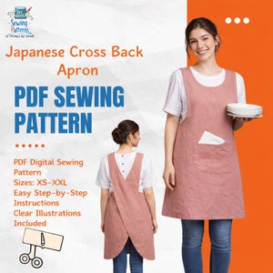 Könnte beinhalten: Eine altrosa japanische Schürze mit überkreuztem Rücken und einer Vordertasche, in der ein weißes Tuch steckt. Die Schürze ist von vorne und hinten über einem weißen T-Shirt und einer blauen Jeans zu sehen. Text: Japanese Cross Back Apron PDF SEWING PATTERN.