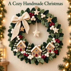 May include: A crochet Christmas wreath featuring the text A Cozy Handmade Christmas, adorned with dark and light green leaves, red berries, white berries, small beige stars, a large beige bow, and three small crochet houses with pine trees.