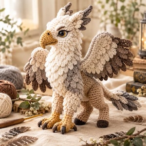 May include: A crochet griffin plush toy featuring a cream-colored head and chest, a golden-yellow beak, and wings with layered feathers in shades of brown, gray, and cream. The creature has dark brown talons, a long tail, and large amber eyes.