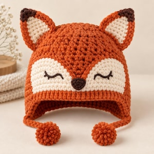 May include: A crocheted fox hat in vibrant orange, white, and dark brown yarn. The hat features two pointed ears with white centers, a cream-colored face panel with embroidered closed eyes, a dark brown nose, and two dangling braided ties with pom-poms.