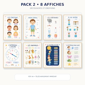 May include: A set of eight educational posters titled PACK 2 8 AFFICHES DÉCOUVERTE ET ÉMOTIONS. The posters feature colorful illustrations depicting emotions, human anatomy, opposites, spatial awareness, time, animals, the solar system, and calming techniques.