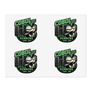 Op de afbeelding: Vier identieke ronde stickers met een T-Rex die een groene zonnebril draagt voor serverracks. De tekst luidt COBOL STILL RUNNING SINCE 1959 in groen en zwart. Het ontwerp gebruikt een kleurenpalet van zwart, wit en verschillende tinten groen.