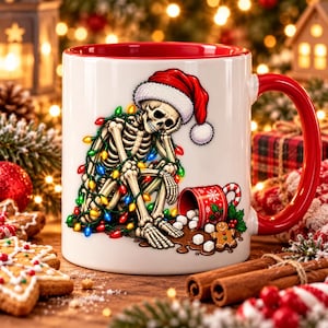 Funny Christmas Skeleton PNG, Skeleton Tangled in Christmas Lights, Santa Hat Skeleton Sublimation Design, Sarcastic Xmas Shirt PNG Download