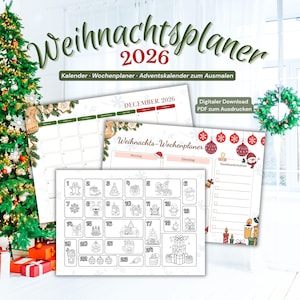 Peut inclure: Un planificateur de Noël numérique pour 2026 comprenant un calendrier, un agenda hebdomadaire et un calendrier de l'Avent à colorier. Les pages présentent des motifs de fêtes, dont des bonshommes de neige et des boules.