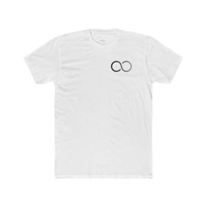 May include: A white short-sleeved t-shirt featuring a small, centred infinity symbol on the upper chest area. The infinity symbol displays a gradient transition from black on the left side to a lighter grey on the right side of the loop.