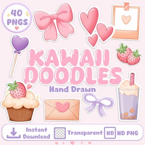 Peut inclure: Une collection numérique de 40 autocollants PNG Kawaii Doodles avec des illustrations dessinées à la main d'un nœud rose, de cœurs, d'un cadre polaroïd, de fraises, d'un cupcake, d'une enveloppe, d'un nœud violet et d'un thé aux perles.