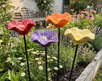4 Piece Ceramic Flower Garden Stakes, Garden Rain Water Station, Colorful Outdoor Decor Set