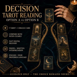 Könnte beinhalten: Eine Werbeanzeige für eine Tarot-Entscheidungslegung mit Text, sieben Tarotkarten und einer Orakelkarte auf einer dunklen Samtoberfläche. Der Text lautet: Decision Tarot Reading, Option A vs Option B, 7 Tarot + 1 Oracle Card, Compare Both Paths Clearly, Fast Digital Delivery, Photo + Written Interpretation, English + Your Preferred Language, Guidance Only - The Choice Remains Yours.
