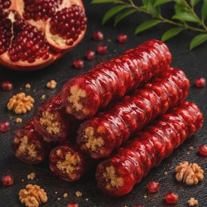 May include: A stack of cylindrical churchkhela candies with a deep red, glossy coating and visible walnut centers. The candies are arranged alongside a halved pomegranate, scattered walnut halves, and loose pomegranate seeds on a dark surface.