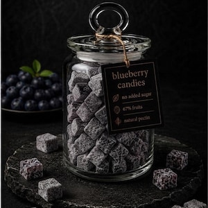 Peut inclure: Un bocal en verre transparent avec un couvercle à anneau rempli de petits bonbons cubiques à la myrtille. Une étiquette carrée noire attachée avec de la ficelle indique : blueberry candies, no added sugar, 67% fruits, natural pectin.