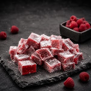 Puede incluir: Un montón de gelatinas de fruta de frambuesa en forma de cubo de color rojo intenso, espolvoreadas con un fino polvo blanco. Las gelatinas están dispuestas sobre una losa de piedra oscura y texturizada, con frambuesas frescas.