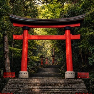 以下が含まれることがあります： 鮮やかな赤色の大きな鳥居が、幅の広い石段の麓に立っています。鳥居には上部に黒いアクセントが施された2本の太い垂直の柱と、湾曲した水平の横木があります。階段の下部には小さな赤い柵が設置されています。