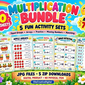 May include: A multiplication bundle featuring 50 worksheets across 5 activity sets titled Multiplication Garden, Apple Arrays, Garden Math, Space Detective, and Robot Match, designed for ages 7-9 with colorful graphics and math problems.