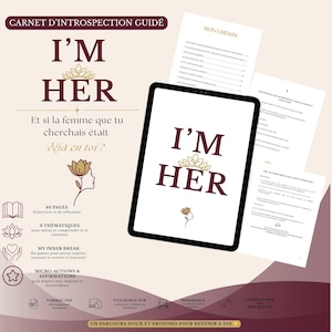 Peut inclure: Un guide d'introspection numérique intitulé I'M HER avec une tablette affichant le titre et une icône de lotus. Le guide comprend 40 pages d'exercices, 9 thématiques, des sections My Inner Break et des micro-actions. Format PDF imprimable.