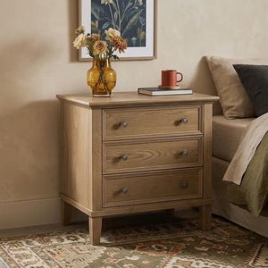 Natural Oak Wood Nightstand with Three Drawers and Charging Station