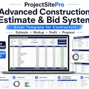 Może przedstawiać: Szablon Excel ProjectSitePro Advanced Construction Estimate & Bid System dla wykonawców. Interfejs cyfrowy wyświetla podsumowanie kosztorysu projektu, narzędzie do tworzenia kosztorysów, pulpit nawigacyjny z wykresami oraz stawki robocizny.