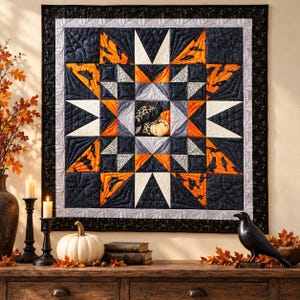 Twinkling Halloween Wall Quilt Pattern PDF, Raven Pumpkin Patchwork, Spooky Fall Decor, Foundation Paper Piecing, Quilting Pattern Download