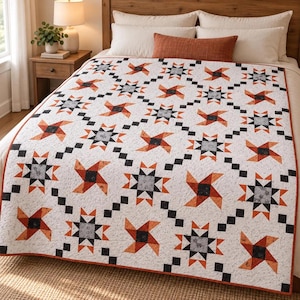 Halloween Quilt Pattern PDF, Spellbound Star Quilt, Orange Black Flying Geese Patchwork Fall Bed Quilt Sewing Pattern, DIY Digital Download
