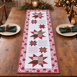 Christmas Star Table Runner Quilt PDF Pattern, Charming Stars, Charm Square Patchwork, Red and Green, 15.5 x 51.5 Inches, Sewing Directions
