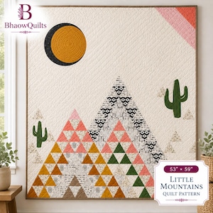 May include: A quilt featuring a desert landscape with two large triangular mountains made of patterned triangles in shades of mustard, coral, green, and white. The design includes a dark crescent moon, two green cacti, and measures 53 inches by 59 inches.