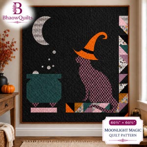 Può includere: Una trapunta quadrata con sfondo nero, un calderone verde acqua, una luna crescente e un gatto con un cappello da strega arancione. Il bordo presenta motivi geometrici. Il testo riporta 153,67 cm per 153,67 cm.