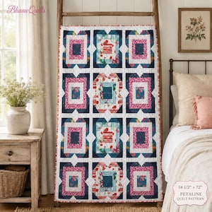 May include: A rectangular quilt featuring a repeating block pattern with alternating floral and geometric prints in shades of pink, navy blue, teal, and white. The quilt displays the text 54 1/2" x 72" PETALINE QUILT PATTERN in the corner.