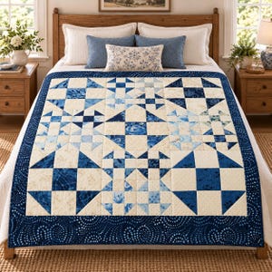 May include: A patchwork quilt featuring a repeating geometric pattern in shades of navy blue, light blue, and cream. The design consists of various square blocks with floral and abstract prints, finished with a dark blue border with white dots.