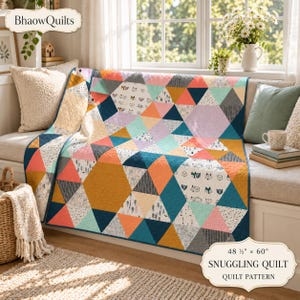 May include: A quilt featuring a geometric pattern of triangles and hexagons in shades of teal, coral, mustard yellow, and white. The fabric includes prints of foxes, trees, and stripes. The quilt measures 48 1/2 inches by 60 inches as labeled.