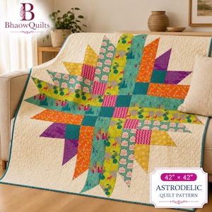 Peut inclure: Une courtepointe carrée de 107 cm sur 107 cm présentant un motif central en forme d'étoile. La courtepointe a un fond crème avec un motif d'étoile multicolore dans des tons de sarcelle, orange, jaune et violet, avec divers petits imprimés.
