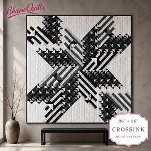 Flying Geese Quilt Pattern PDF, Crossink Modern Black White Geometric Bed Quilt, No Waste Patchwork Sewing Pattern, Digital Download 86x86″